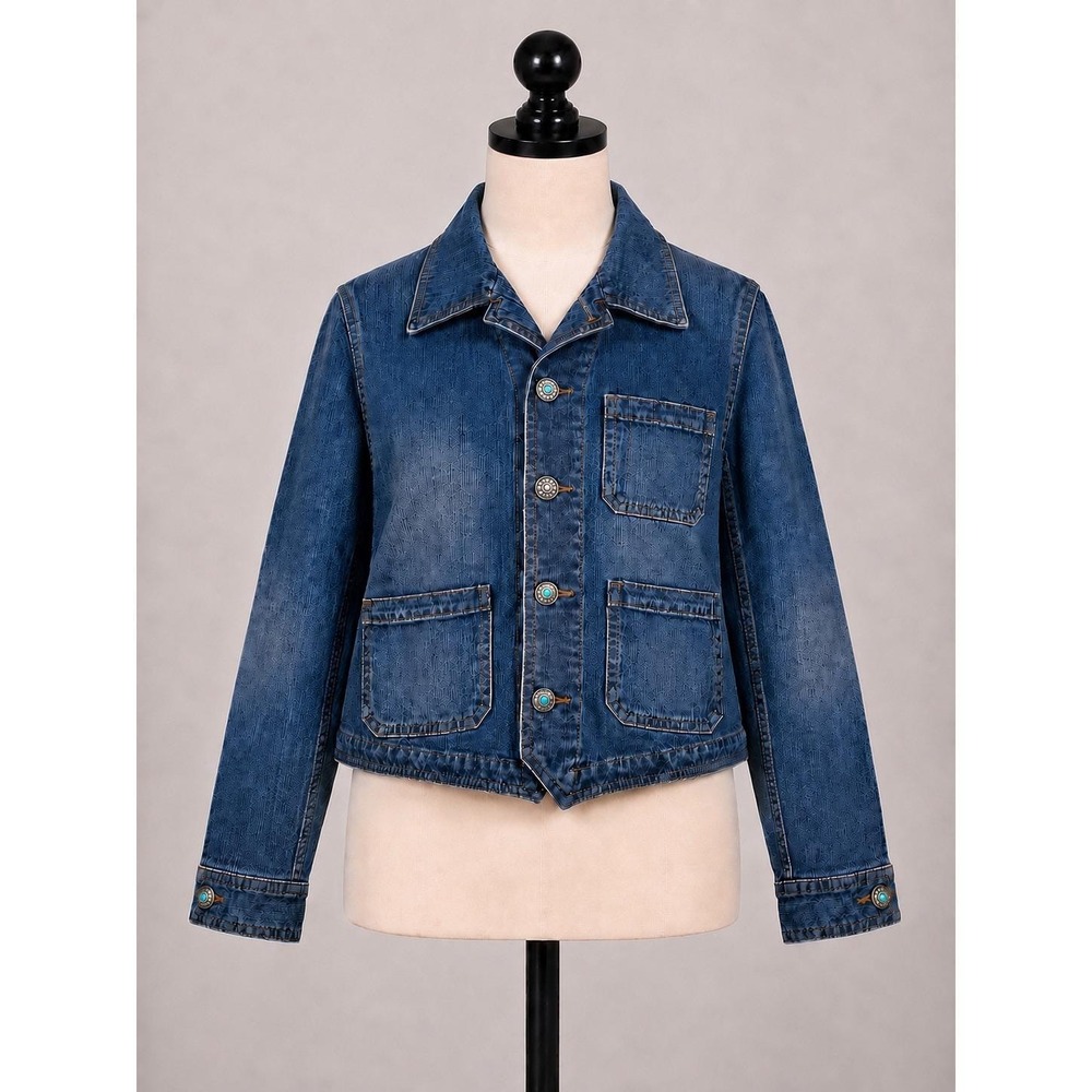 Lauren Ralph Lauren Denim Trucker Jacket Medium Wash Concho Buttons Blue Large